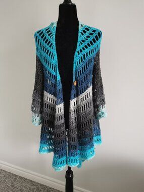 Blue Ombre Crochet Cardigan, Crochet Long Vest - Handmade
